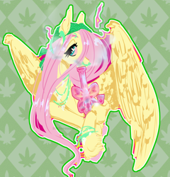 Size: 2400x2496 | Tagged: safe, artist:littleroadkill, applejack, fluttershy, pinkie pie, rainbow dash, rarity, twilight sparkle, butterfly, pegasus, g4, 420, behaving like a cat, bong, drugs, female, flutterhigh, flutterjuana, headband, high, jewelry, mane six, mare, marijuana, necklace, piercing, smoke, smoking, stoner