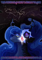 Size: 817x1159 | Tagged: safe, artist:gothalite, nightmare moon, princess luna, alicorn, pony, g4, crescent horn, crying, duality, female, helmet, mare, slit pupils, unusual horn, zine:fanzines r magic volume 1