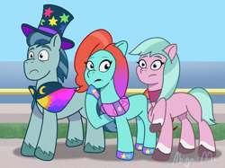 Size: 2048x1535 | Tagged: safe, artist:abigail m., dahlia, jazz hooves, rufus, earth pony, pony, g5, clothes, female, hat, hoof on chin, male, mare, stallion, trio