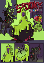 Size: 817x1155 | Tagged: safe, artist:pumpkinshiba, oc, oc only, oc:kandi, oc:spooky, ghost, pegasus, pony, undead, unicorn, cauldron, comic, curved horn, female, horn, magic, mare, zine:fanzines r magic volume 1