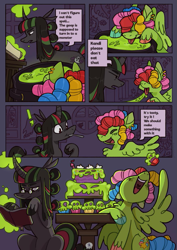 Size: 817x1155 | Tagged: safe, artist:pumpkinshiba, oc, oc only, oc:kandi, oc:spooky, pegasus, pony, undead, unicorn, book, cake, cauldron, comic, cupcake, curved horn, dialogue, ear piercing, earring, female, food, horn, jewelry, licking, magic, mare, piercing, speech bubble, spellbook, spoon, tongue out, zine:fanzines r magic volume 1