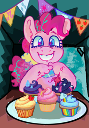 Size: 817x1169 | Tagged: safe, artist:teddie.bear420, pinkie pie, earth pony, pony, fanfic:cupcakes, g4, cupcake, female, food, implied murder, looking at you, mare, smiling, solo, unshorn fetlocks, zine:fanzines r magic volume 1