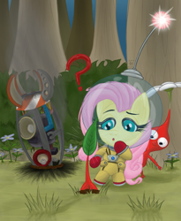 Size: 3200x3900 | Tagged: safe, artist:soursoui, fluttershy, pegasus, pikmin, anthro, g4, captain olimar, crossover, female, grass, high res, mare, o mouth, outdoors, pikmin (series), question mark, solo, spaceship, spacesuit, tree