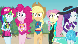 Size: 1920x1080 | Tagged: safe, applejack, fluttershy, pinkie pie, rainbow dash, rarity, equestria girls, equestria girls specials, g4, my little pony equestria girls: forgotten friendship, confused, fluttershy's wetsuit, rarity's blue sarong, rarity's purple bikini, reaction image, shocked, worried