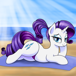 Size: 1500x1500 | Tagged: safe, artist:vomitvomiting, rarity, pony, g4, alternate hairstyle, beach, clothes, looking at you, lying down, ponytail, solo, swimsuit