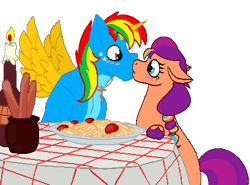 Size: 410x303 | Tagged: safe, artist:shieldwingarmorofgod, sunny starscout, oc, oc:shield wing, alicorn, earth pony, g4, g5, canon x oc, female, food, g5 to g4, generation leap, kissing, lady and the tramp, male, pasta, shipping, simple background, spaghetti, spaghetti scene, straight, transparent background