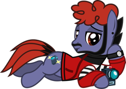 Size: 1262x894 | Tagged: safe, artist:lightningbolt, derpibooru exclusive, earth pony, pony, .svg available, camera, clothes, dyed hair, ear piercing, facial hair, jacket, jawn rocha, lidded eyes, long sleeves, looking at you, lounging, lying down, male, on side, piercing, ponified, show accurate, simple background, solo, stallion, svg, transparent background, vector, watch, waterparks, wristwatch, zipper