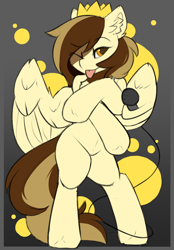 Size: 1968x2826 | Tagged: safe, artist:beardie, oc, oc:prince whateverer, pegasus, pony, abstract background, crossed arms, crown, ear fluff, eyebrows, eyebrows visible through hair, jewelry, microphone, one eye closed, regalia, standing on two hooves, tail, tongue out, two toned mane, two toned tail, wing hands, wings