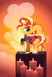 Size: 1485x2200 | Tagged: safe, artist:cloudy glow, sunset shimmer, pony, unicorn, g4, candle, chinese new year, eyeshadow, female, horn, makeup, solo, year of the snake