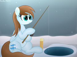 Size: 4032x3016 | Tagged: safe, artist:rainbowšpekgs, blue buck, deep blue, pegasus, pony, g4, chest fluff, female, fishing, fishing rod, ice, sitting, smiling, snow, thermos, winter