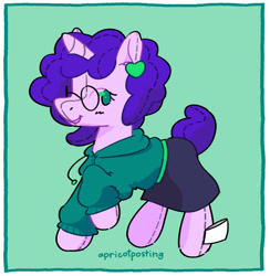 Size: 692x710 | Tagged: safe, artist:the---robbie72, oc, oc only, oc:artshine aura, original species, plush pony, pony, unicorn, commission, glasses, horn, plushie, simple background, solo, unicorn oc