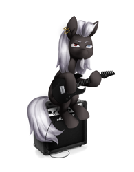 Size: 2328x2984 | Tagged: safe, artist:khvorost162, oc, oc only, earth pony, pony, black and white, guitar, monochrome, music, musical instrument, piercing, simple background, solo, white background