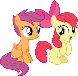 Size: 3079x3000 | Tagged: safe, artist:cloudy glow, apple bloom, scootaloo, earth pony, pegasus, g4, apple bloom's bow, bow, duo, duo female, female, hair bow, simple background, transparent background, vector