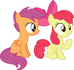 Size: 3162x3000 | Tagged: safe, artist:cloudy glow, apple bloom, scootaloo, earth pony, pegasus, g4, apple bloom's bow, bow, duo, duo female, female, hair bow, simple background, transparent background, vector