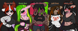 Size: 8000x3160 | Tagged: safe, artist:sexygoatgod, oc, oc only, oc:cold front, oc:punkie rockfall, oc:sticky web, oc:sweet spot, oc:temper strike, earth pony, pegasus, unicorn, anthro, adoptable, boob window, clothes, emo, female, goth, horn, jeans, makeup, pants, ripped jeans, ripped pants, scene, short shirt, torn clothes