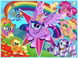 Size: 2048x1536 | Tagged: safe, applejack, fluttershy, pinkie pie, rainbow dash, rarity, spike, twilight sparkle, alicorn, earth pony, pegasus, pony, unicorn, g4, fanart, horn, mane six