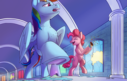 Size: 4999x3208 | Tagged: safe, artist:tsitra360, pinkie pie, princess luna, rainbow dash, twilight sparkle, alicorn, earth pony, pegasus, pony, fanfic:a small issue, g4, bipedal, broken glass, canterlot castle, fanfic art, female, glass, indoors, magic, magic aura, micro, multicolored hair, open mouth, party cannon, party horn, rainbow hair, raised hoof, unaware, underhoof, window, wings