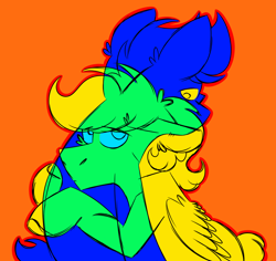 Size: 1080x1020 | Tagged: safe, artist:fuckomcfuck, oc, oc only, oc:doodles, oc:joystick, earth pony, pegasus, pony, blonde, blonde hair, blue hair, i depend on you