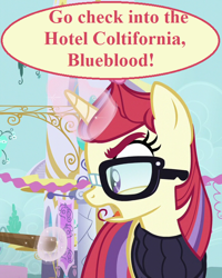 Size: 576x720 | Tagged: safe, edit, edited screencap, editor:korora, screencap, moondancer, pony, unicorn, amending fences, g4, my little pony: friendship is magic, angry, canterlot, clothes, cropped, glasses, horn, hotel california, implied blueblood, magic, magic aura, offscreen character, outdoors, solo, stick, sweater, text, the eagles