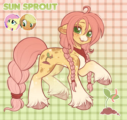 Size: 1300x1233 | Tagged: safe, artist:pinxpony, applejack, fluttershy, oc, oc only, oc:sun sprout, earth pony, pony, g4, earth pony oc, fusion, fusion:applejack, fusion:fluttershy, gradient background, patterned background, screencap reference, solo, unshorn fetlocks