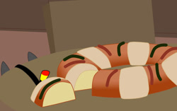 Size: 1688x1060 | Tagged: safe, artist:naoto yazarän, oc, oc:naoto yazarän, pony, bread, chair, food, hidden face, lock of hair, rosca de reyes, table