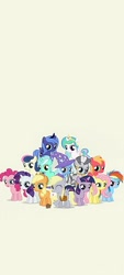 Size: 1080x2400 | Tagged: artist needed, source needed, safe, applejack, big macintosh, bon bon, derpy hooves, fluttershy, lyra heartstrings, pinkie pie, princess celestia, princess luna, rainbow dash, rarity, sweetie drops, trixie, twilight sparkle, zecora, g4, colt, female, filly, foal, male, multicolored hair, phone wallpaper, rainbow hair, younger