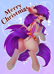 Size: 2992x4096 | Tagged: safe, artist:kebchach, oc, oc only, oc:silver cornu, bat pony, pony, bat pony oc, bat wings, butt, butt focus, chest fluff, christmas, commission, ear fluff, ear piercing, earring, female, heart, holiday, jewelry, leg fluff, mare, merry christmas, open mouth, piercing, plot, solo, sparkles, underhoof, wings, ych result