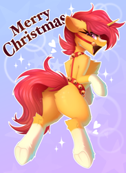 Size: 2992x4096 | Tagged: safe, artist:kebchach, sunburst, pony, unicorn, g4, butt, chest fluff, christmas, commission, ear fluff, ear piercing, earring, heart, holiday, horn, jewelry, leg fluff, male, merry christmas, open mouth, piercing, plot, solo, sparkles, stallion, underhoof, ych result