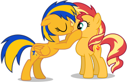 Size: 6227x4043 | Tagged: safe, artist:creedyboy124, sunset shimmer, oc, oc:flare spark, pegasus, pony, unicorn, g4, canon x oc, duo, duo female, eyes closed, female, horn, kiss on the lips, kissing, lesbian, mare, pegasus oc, ship:flareset, shipping, simple background, transparent background, wings