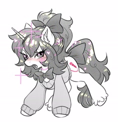 Size: 2859x3033 | Tagged: oc name needed, safe, artist:opalacorn, oc, oc only, pony, unicorn, bow, bowtie, clothes, floating heart, grayscale, hair bow, heart, horn, looking at you, monochrome, nudity, partial nudity, simple background, solo, sparkles, sweater, tail, tail bow, white background