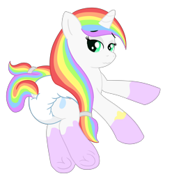 Size: 5000x5000 | Tagged: safe, alternate version, artist:poniidesu, oc, oc only, oc:paint drops, pony, unicorn, :s, bedroom eyes, cute, diaper, dock, eyebrows, eyebrows visible through hair, female, filly, foal, frog (hoof), horn, looking at you, multicolored hair, non-baby in diaper, rainbow hair, simple background, solo, tail, tail hole, transparent background, underhoof, wavy mouth