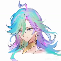 Size: 1440x1440 | Tagged: source needed, safe, artist:geruidexiaojituier, princess celestia, human, g4, ahoge, alternate eye color, alternate hair color, ear piercing, earring, female, genshin impact, humanized, jewelry, long hair, mavuika (genshin impact), piercing, solo