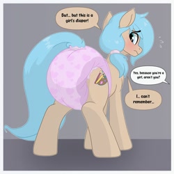 Size: 2000x2000 | Tagged: safe, alternate version, artist:nineplusten, oc, oc only, oc:trace shifts, earth pony, pony, g4, diaper, diaper butt, diaper fetish, diapered, emanata, female, fetish, looking back, male to female, mare, offscreen character, passepartout, pink diaper, poofy diaper, rule 63, solo, speech bubble, sweat, sweatdrops, tail, tail hole, transformation, transgender transformation