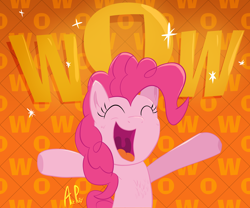 Size: 3000x2500 | Tagged: safe, artist:ace play, pinkie pie, earth pony, pony, g4, cheek fluff, chest fluff, eyes closed, female, high res, mare, open arms, open mouth, open smile, pizza tower, smiling, solo, sparkling, wow