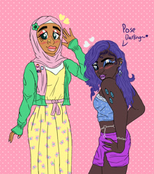 Size: 1280x1451 | Tagged: safe, artist:litttlelamb, fluttershy, rarity, human, g4, autism, beautiful, clothes, cutie mark on human, dark skin, digital art, dress, duo, duo female, female, heart, hijab, human female, islam, islamashy, lesbian, lipstick, long skirt, makeup, polka dot background, raribetes, religion, ship:flarity, shipping, short shirt, shorts, shyabetes, skirt, transgender, vest