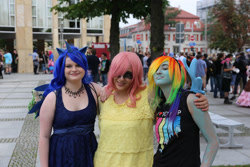 Size: 2736x1824 | Tagged: safe, fluttershy, princess luna, rainbow dash, human, galacon, g4, 2014, clothes, cosplay, costume, irl, irl human, photo