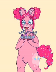 Size: 2500x3200 | Tagged: safe, artist:litttlelamb, pinkie pie, earth pony, pony, g4, alternate hairstyle, bun hairstyle, candle, cupcake, cute, cutie mark, diapinkes, female, food, happy, let's be friends, mare, open mouth, open smile, pinkie pie's cutie mark, plate, pubic fluff, smiling, solo, sprinkles