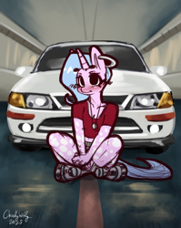 Size: 1240x1555 | Tagged: safe, artist:chiefywiffy, oc, oc only, oc:chiefy, unicorn, anthro, anthro oc, car, ear piercing, female, horn, mare, piercing, solo