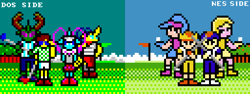 Size: 768x288 | Tagged: safe, artist:derek the metagamer, ocellus, pharynx, oc, oc:derek the metagamer, changedling, changeling, human, anthro, g4, aseprite, digital art, golf, golf ball, golf club, pixel art, prince pharynx, queen ocellus, sports