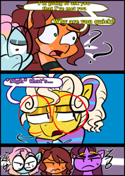 Size: 1240x1754 | Tagged: safe, artist:jully-park, oc, oc:charlotte parker, oc:connie connor, oc:kelly clark, oc:rita cantabile, earth pony, pegasus, pony, comic:how i meet my chaotic friends, comic