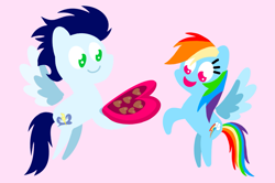 Size: 1935x1285 | Tagged: safe, anonymous artist, derpibooru exclusive, rainbow dash, soarin', pegasus, pony, series:soarindash relationship, series:soarindash romantic tales, g4, chocolate, duo, duo male and female, female, food, male, mare, pointy ponies, ship:soarindash, shipping, stallion, straight