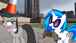 Size: 1920x1080 | Tagged: safe, artist:blitzythepony, artist:epicheavytf2, artist:jaelachan, artist:pyrogaming, edit, dj pon-3, octavia melody, vinyl scratch, earth pony, pony, unicorn, g4, 3d, duo, duo female, female, gmod, gravity gun, horn, traffic cone, youtube link, youtube thumbnail