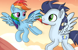 Size: 2139x1395 | Tagged: safe, artist:pinky cloudy, rainbow dash, soarin', pegasus, pony, g4, duo, duo male and female, female, flying, looking at each other, looking at someone, male, mare, movie accurate, outdoors, ship:soarindash, shipping, smiling, smiling at each other, stallion, straight