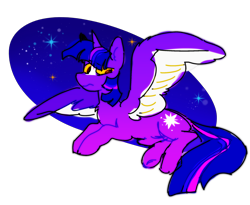 Size: 2048x1682 | Tagged: safe, artist:koidial, twilight sparkle, alicorn, pony, g4, alternate cutie mark, alternate design, alternate eye color, bangs, blaze (coat marking), blue mane, blue tail, coat markings, colored sclera, colored wings, colored wingtips, facial markings, female, frown, gradient coat, gradient wings, horn, looking back, lying down, mare, no catchlights, no pupils, partially transparent background, prone, purple coat, red eyes, simple background, solo, spread wings, stars, tail, three quarter view, three toned mane, three toned tail, transparent background, twilight sparkle (alicorn), two toned wings, unicorn horn, white wingtips, wings, yellow sclera