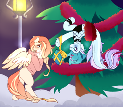 Size: 1934x1673 | Tagged: safe, artist:polyshko, oc, oc only, oc:aurora (aurorafest), oc:lumi (aurorafest), merpony, pegasus, pony, seapony (g4), aurorafest, accessory, blushing, bracelet, braid, choker, christmas, christmas tree, convention, convention mascot, fin ears, fins, fish tail, fishnet clothing, hanging, hanging upside down, hearth's warming eve, holiday, jewelry, mascot, new year, outdoors, piercing, present, snow, streetlight, tail, tail fin, tail piercing, tiara, tree, upside down