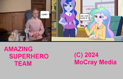 Size: 947x608 | Tagged: safe, artist:ar497, edit, edited screencap, screencap, princess celestia, princess luna, principal celestia, vice principal luna, equestria girls, g4, 1971, 2018, amazing superhero team, antagonist, canterlot high, comic, digital, dont deliver us from evil, female, hero, infiltration, lore, office, teenager, young