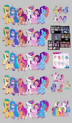 Size: 2480x4210 | Tagged: safe, hitch trailblazer, izzy moonbow, misty brightdawn, pipp petals, sunny starscout, zipp storm, earth pony, pegasus, pony, unicorn, g5, my little pony: make your mark, my little pony: tell your tale, 3d, 3d model, color palette, comparison, concept art, female, gray background, horn, male, mane five, mane six (g5), mare, rebirth misty, simple background, stallion, stock vector