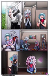 Size: 3184x4876 | Tagged: safe, artist:artemis-polara, oc, oc:smokestack, oc:steam puff, human, equestria girls, g4, barefoot, blushing, clothes, comic, commission, cozypuff, dress, feet, glasses, marriage, overalls, parent:cozy glow, parent:oc:steam puff, pregnant, toy, train, wedding, wedding dress