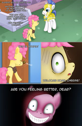 Size: 1989x3072 | Tagged: safe, artist:anonymousandrei, derpibooru exclusive, li'l cheese, pacific glow, pinkie pie, earth pony, pony, comic:life of li'l cheese, g4, bag, colt, comic, creepy, creepy smile, dialogue, female, foal, hallucination, male, mare, pinkamena diane pie, royal guard, saddle bag, scared, shaking, shrunken pupils, smiling, stallion, talking, text