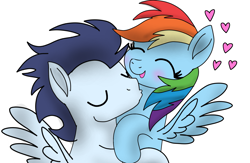 Size: 2139x1395 | Tagged: safe, artist:pinky cloudy, rainbow dash, soarin', pegasus, pony, g4, blushing, duo, duo male and female, eyes closed, female, heart, kissing, male, mare, movie accurate, neck kiss, ship:soarindash, shipping, simple background, smiling, stallion, straight, white background